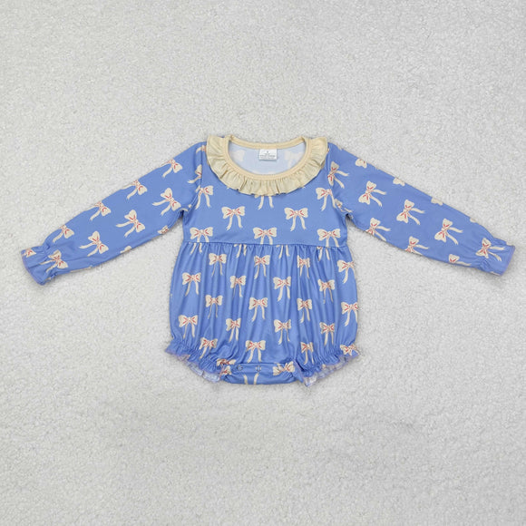 Bow Pattern Beige Ruffles Blue Girls Fall Romper