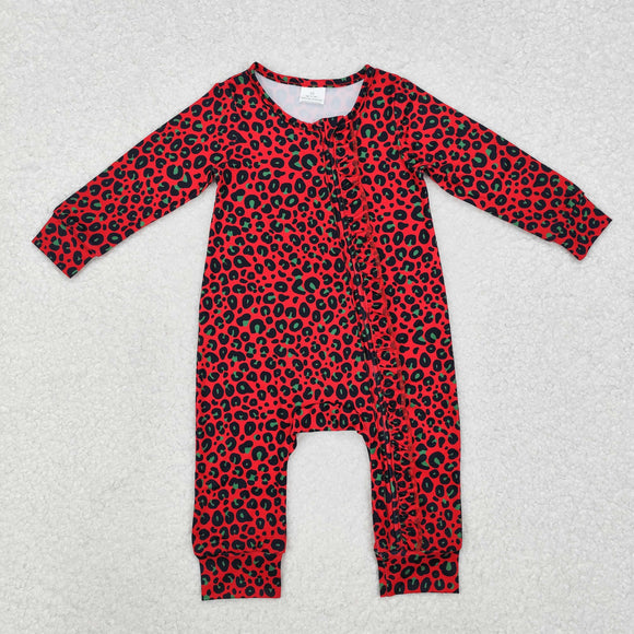 Leopard Print Green Red Ruffles Girls Christmas Romper