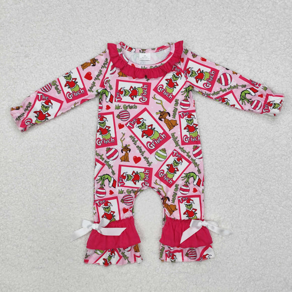 Cartoon Dog Pink Red Ruffles Girls Christmas Romper