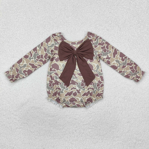 Brown Bow Camo Girls Fall Romper