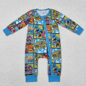 Bamboo Cartoon Plaid Blue Boys Fall Romper