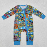 Bamboo Cartoon Plaid Blue Boys Fall Romper