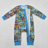 Bamboo Cartoon Plaid Blue Boys Fall Romper