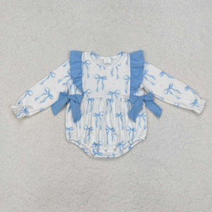 Bow Pattern Blue Ruffles White Girls Fall Romper