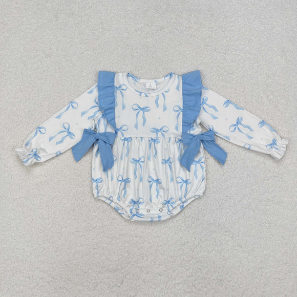 Bow Pattern Blue Ruffles White Girls Fall Romper