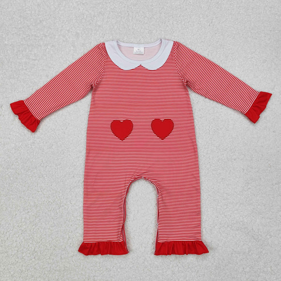 Heart Embroidery Red Stripe Girls Valentines Romper