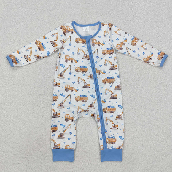 Construction Truck Heart Blue White Boys Valentines Romper