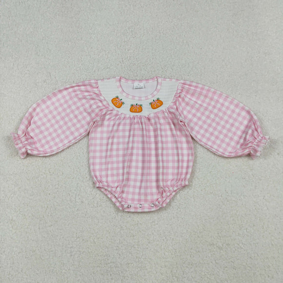 Bow Pattern Pumpkin Pink Plaid Girls Fall Romper