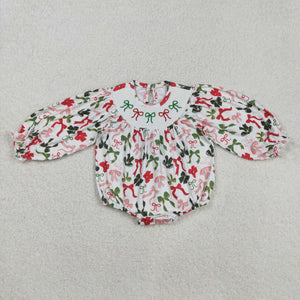 Bow Pattern Smocked Girls Christmas Romper