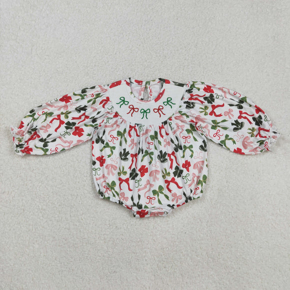 Bow Pattern Smocked Girls Christmas Romper