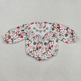 Bow Pattern Smocked Girls Christmas Romper
