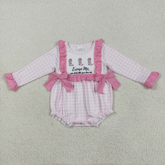Boots Excuse Me Pink Plaid Girls Fall Romper