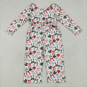 Red Green Bow Pattern White Girls Christmas Jumpsuit