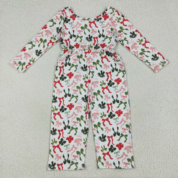 Red Green Bow Pattern White Girls Christmas Jumpsuit