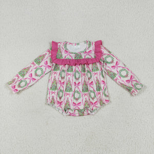 Tree Bow Pattern Hot Pink Ruffles Girls Christmas Romper