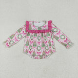 Tree Bow Pattern Hot Pink Ruffles Girls Christmas Romper