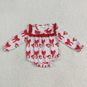 Santa Red Bow Ruffles Pink Girls Christmas Romper