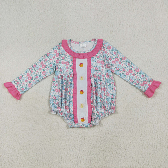 Pumpkin Turkey Pink Ruffles Floral Girls Thanksgiving Romper