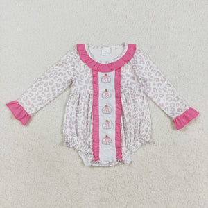 Pumpkin Bow Pattern Leopard Print Ruffles Girls Fall Romper