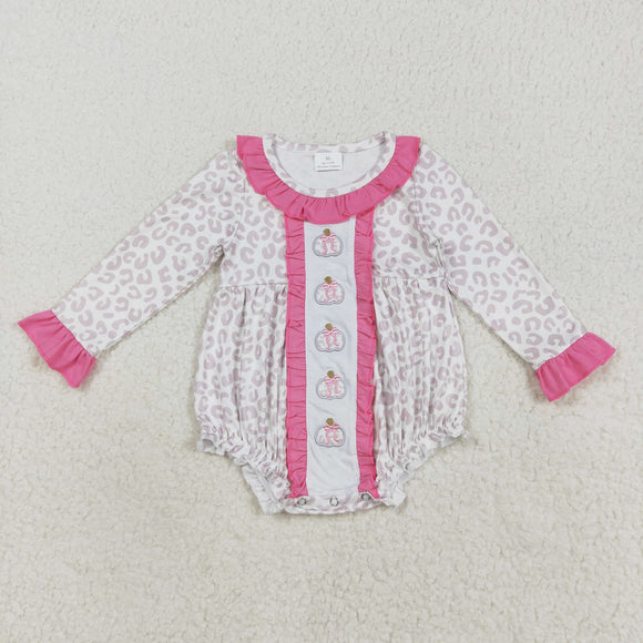 Pumpkin Bow Pattern Leopard Print Ruffles Girls Fall Romper