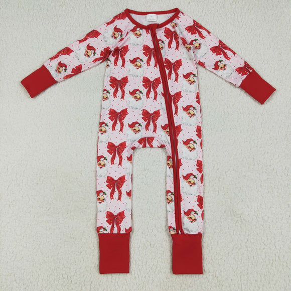 Santa Bow Pattern Red Ruffles Pink Girls Christmas Romper