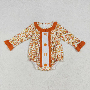 Pumpkin Bow Pattern Floral Orange Ruffles Girls Fall Romper