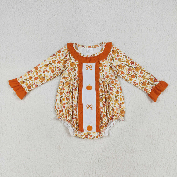 Pumpkin Bow Pattern Floral Orange Ruffles Girls Fall Romper