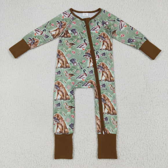 Duck Dog Green Brown Boys Fall Romper