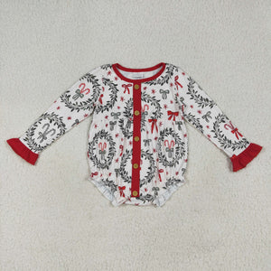 Bow Pattern Red Ruffles Buttons Girls Christmas Romper