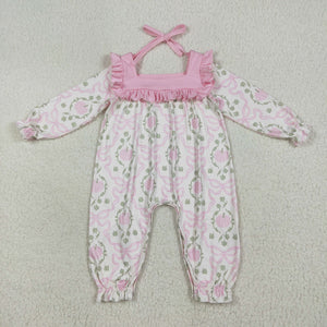 Pumpkin Bow Pattern Pink Ruffles Girls Fall Romper