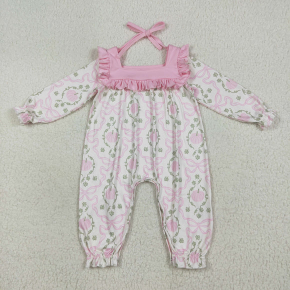 Pumpkin Bow Pattern Pink Ruffles Girls Fall Romper