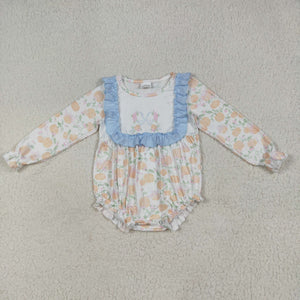 Pumpkin Bow Pattern Blue Ruffles Girls Fall Romper
