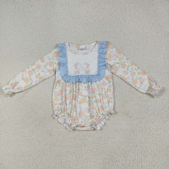Pumpkin Bow Pattern Blue Ruffles Girls Fall Romper