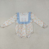 Pumpkin Bow Pattern Blue Ruffles Girls Fall Romper