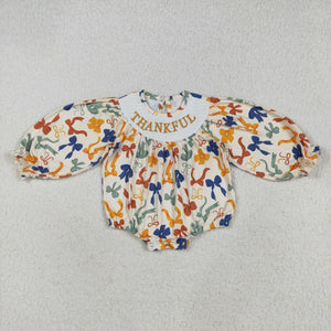 Thankful Bow Pattern Smocked Girls Thanksgiving Romper