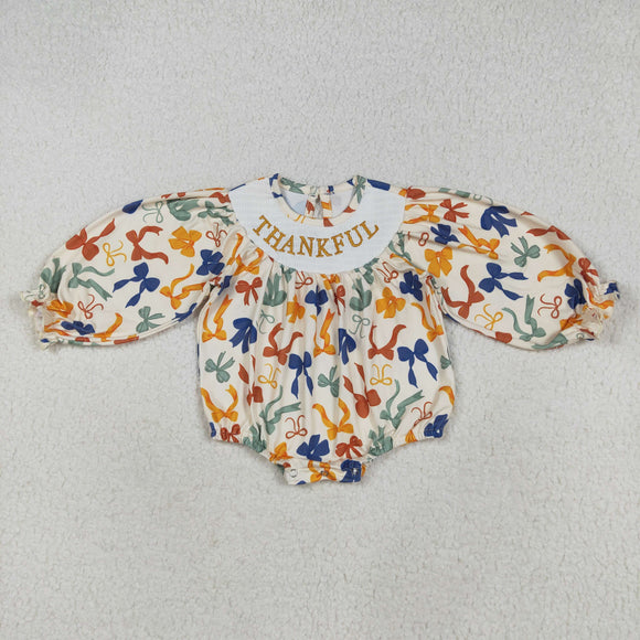 Thankful Bow Pattern Smocked Girls Thanksgiving Romper