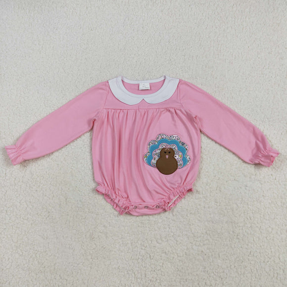 Floral Turkey Pink Girls Thanksgiving Romper