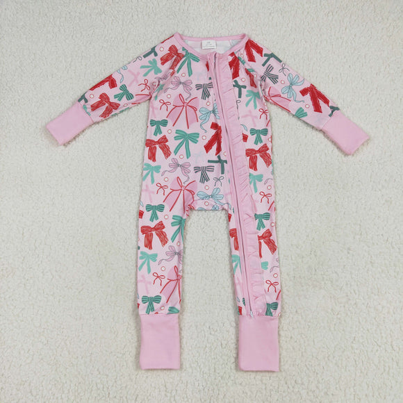 Bow Pattern Pink Girls Christmas Romper