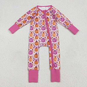 Pumpkin Bow Pattern Hot Pink Girls Fall Romper