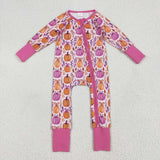 Pumpkin Bow Pattern Hot Pink Girls Fall Romper