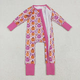 Pumpkin Bow Pattern Hot Pink Girls Fall Romper