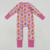 Pumpkin Bow Pattern Hot Pink Girls Fall Romper