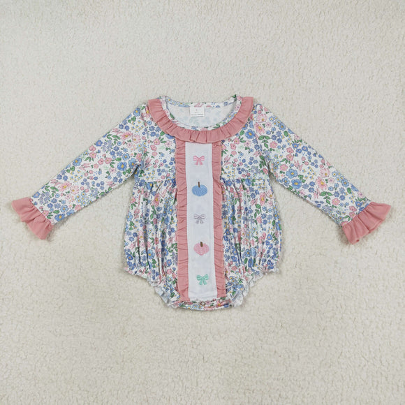 Pumpkin Bow Pattern Floral Pink Ruffles Girls Fall Romper