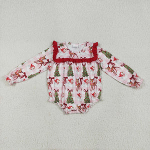 Santa Reindeer Bow Pattern Red Ruffles Pink Plaid Girls Christmas Romper