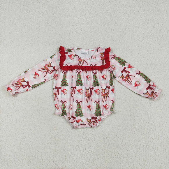 Santa Reindeer Bow Pattern Red Ruffles Pink Plaid Girls Christmas Romper
