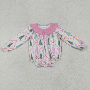 Tree Pink Bow Pattern Plaid Ruffles Girls Christmas Romper