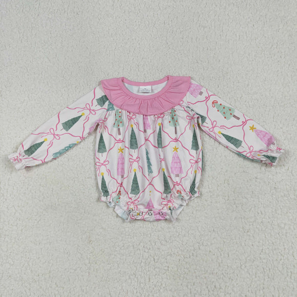Tree Pink Bow Pattern Plaid Ruffles Girls Christmas Romper
