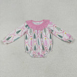 Tree Pink Bow Pattern Plaid Ruffles Girls Christmas Romper