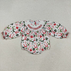 Merry Bow Pattern Smocked Girls Christmas Romper