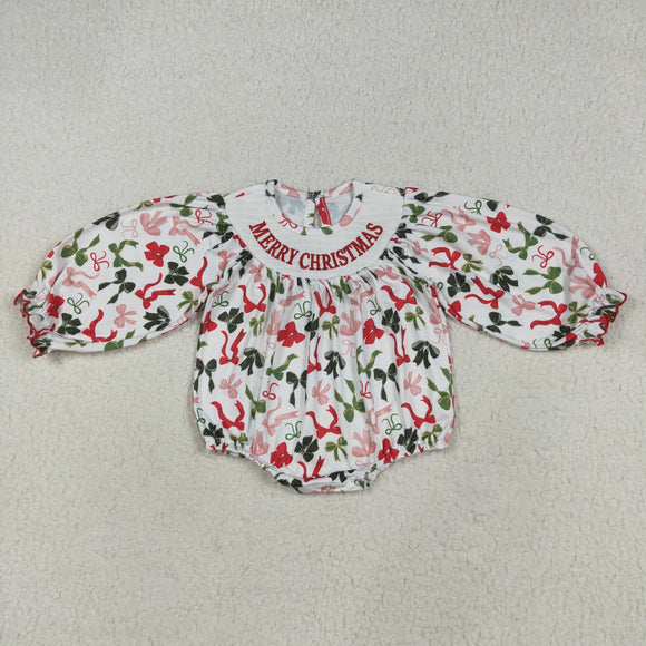 Merry Bow Pattern Smocked Girls Christmas Romper